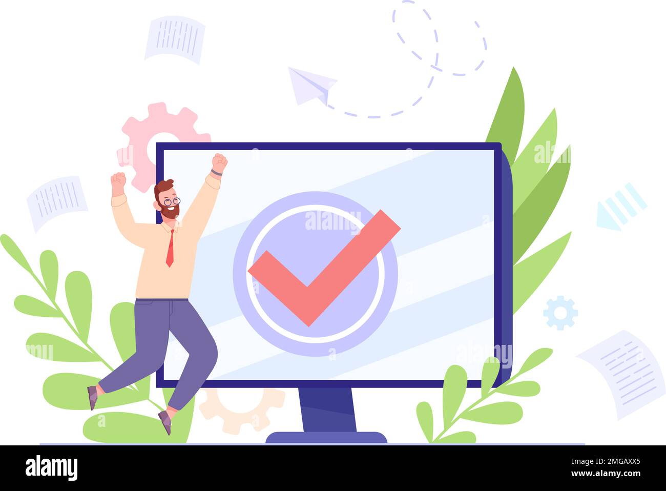 Completed task concept. Happy man joy at done work tasks on computer