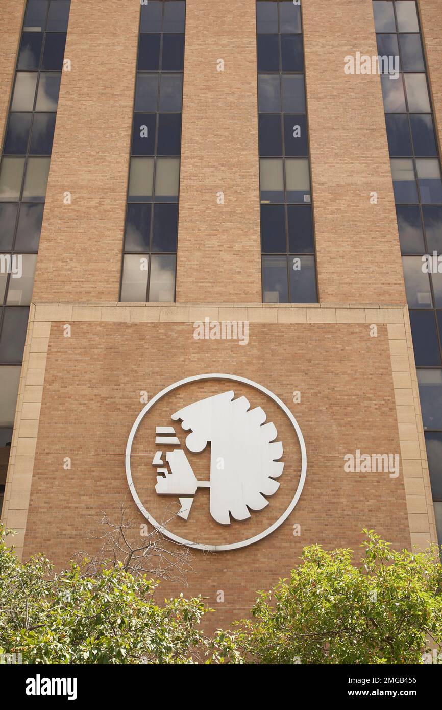 The Mutual of Omaha logo is seen on a company building in Omaha, Neb