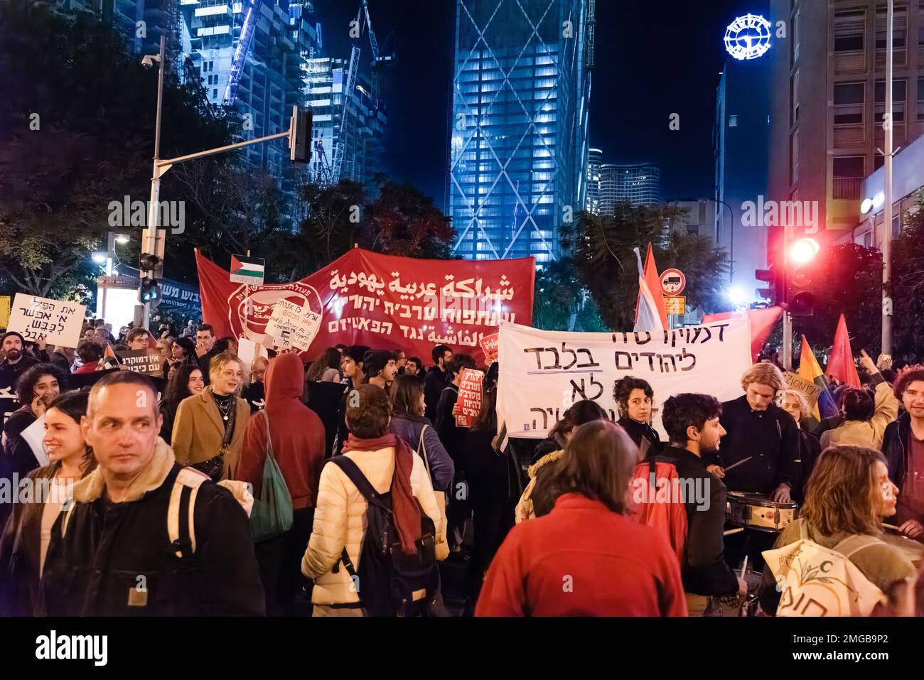 TEL AVIV, ISRAEL - January 21, 2023: Israelis protest in Tel Aviv against plans by prime minister Benjamin Netanyahu new government to trample the legal system and the supreme court. High quality photo Stock Photo