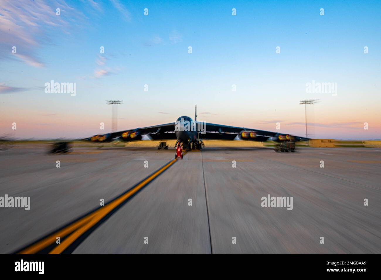 A B52H Stratofortress sits parked on the Main Parking Apron at Minot
