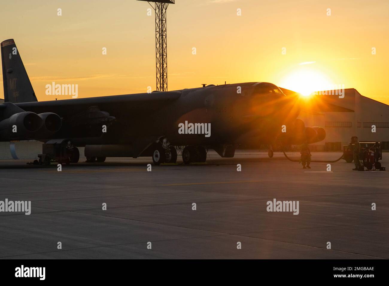 A B52H Stratofortress sits parked on the Main Parking Apron at Minot