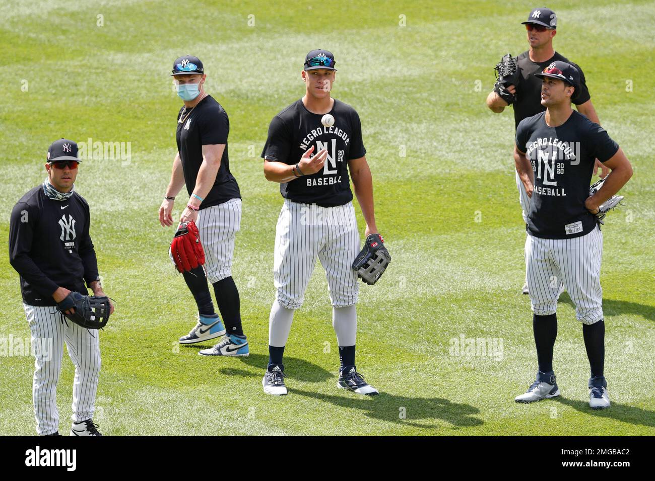 New York Yankees outfielders from left, Mike Tauchman, Clint Frazier, Aaron Judge, Brett Gardner