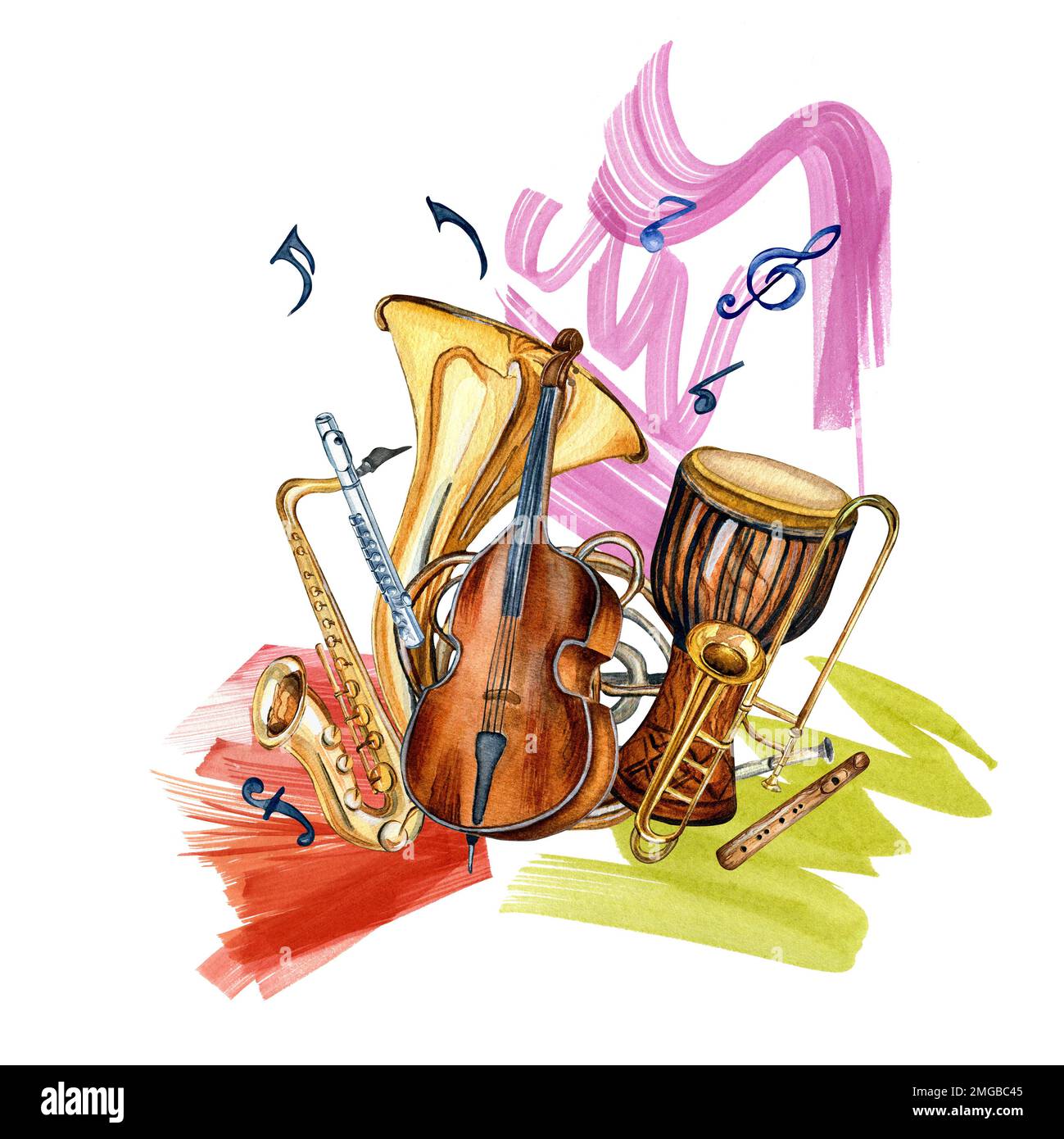 Wind, string musical instruments and paint stroke watercolor