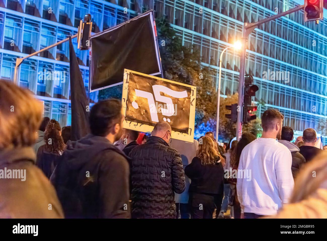 TEL AVIV, ISRAEL - January 21, 2023: Israelis protest in Tel Aviv against plans by prime minister Benjamin Netanyahu new government to trample the legal system and the supreme court. High quality photo Stock Photo