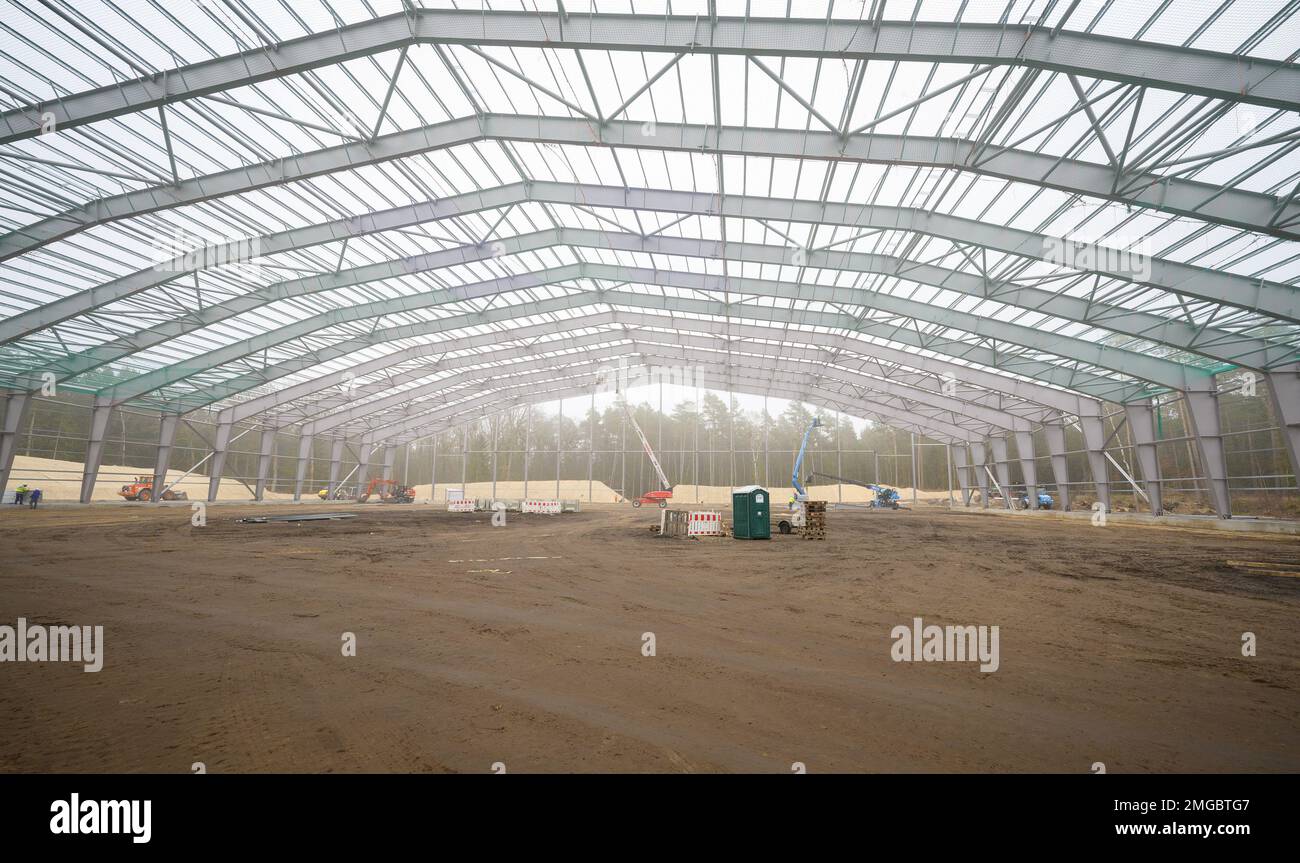 Dethlingen, Germany. 25th Jan, 2023. Workers erect a salvage hall over