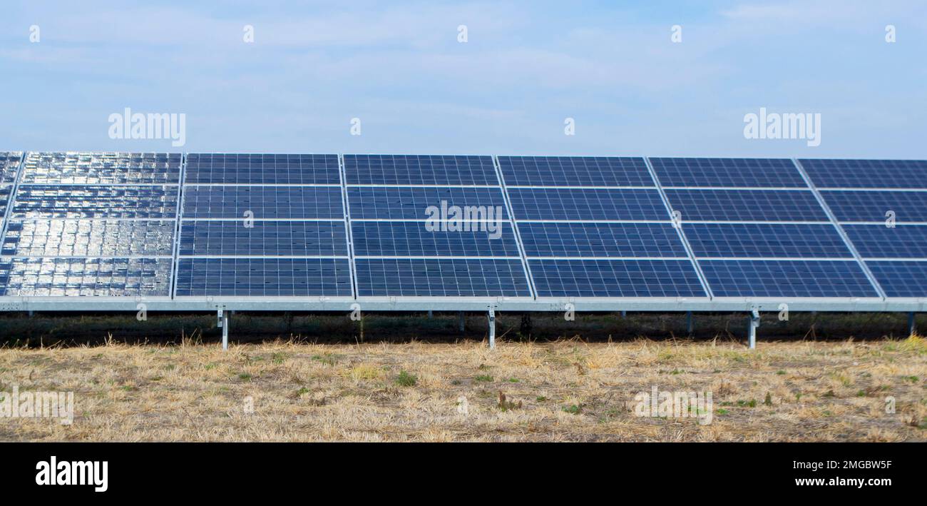 Large Solar Panels Solar Power Plants. Green energy power. Solar power energy generation. Solar Electricity Generation. Renewable energy. Blue photovoltaic panels. Production of ecological electricity Stock Photo