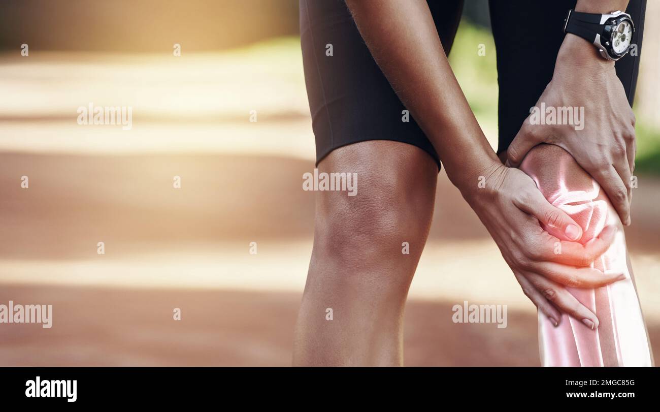 Running Course Accident Hands, knee and injury with a sports man holding his joint in pain ...