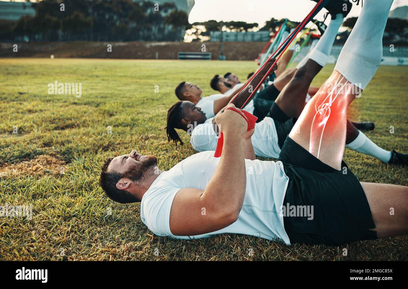 Sports, rugby or team and a man stretching his leg to warm up with red