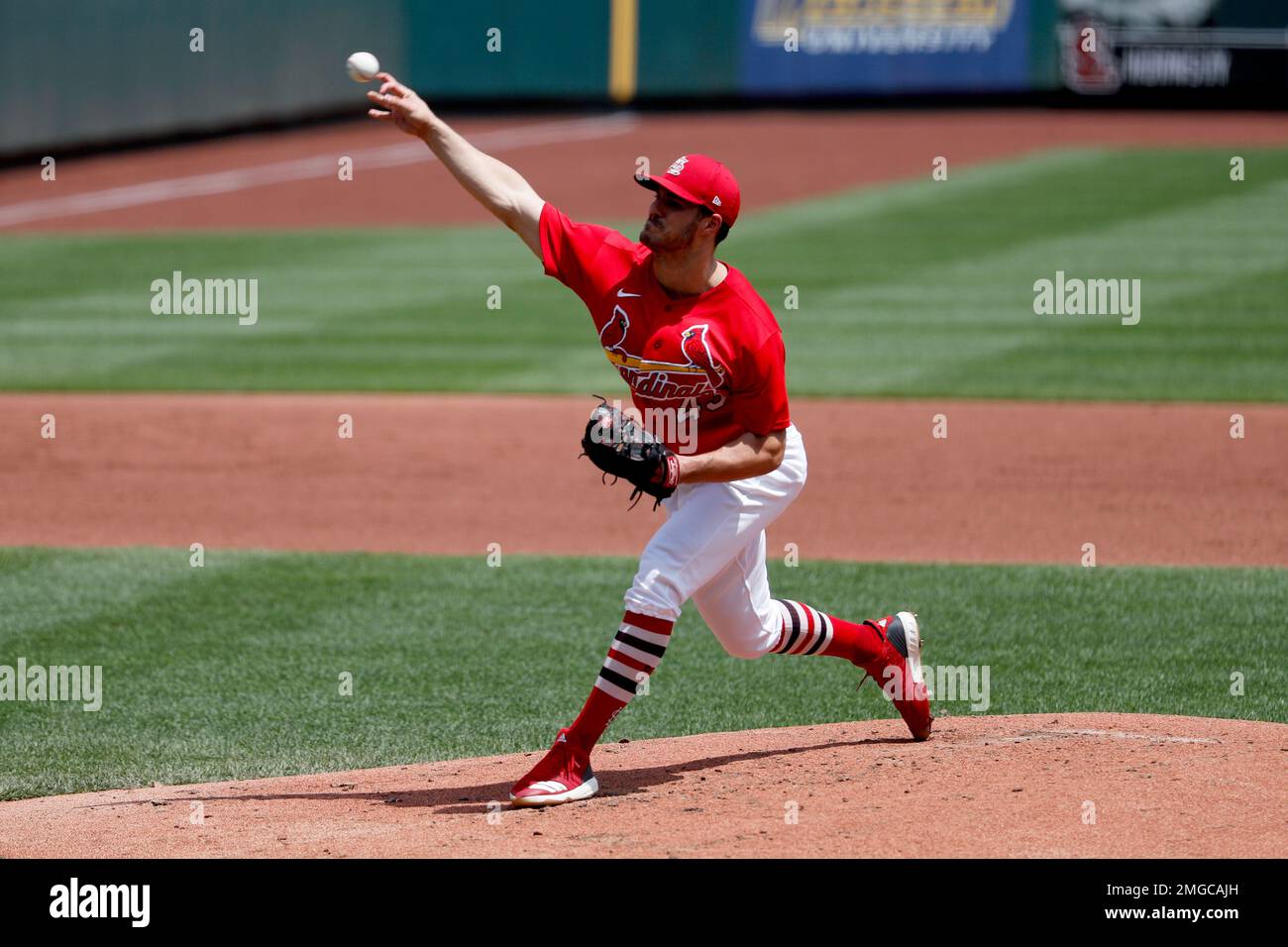 St. Louis Cardinals pitcher Dakota Hudson throws a simulated inning during baseball practice at Busch Stadium Saturday, July 4, 2020, in St. Louis. (AP Photo/Jeff Roberson) Stock Photo