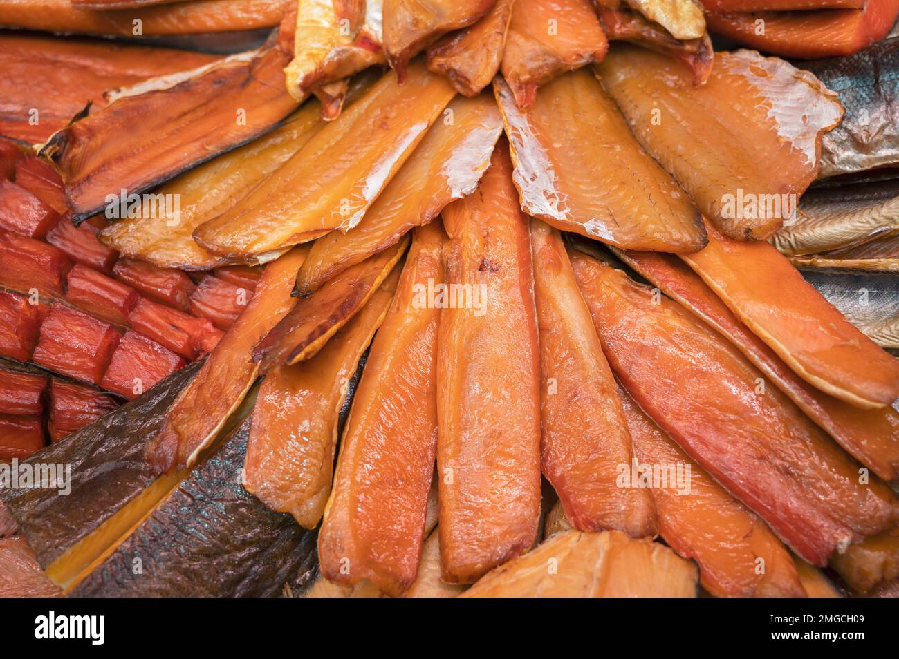 Various smoked fish products. Healthy eating and fish market concept Stock Photo