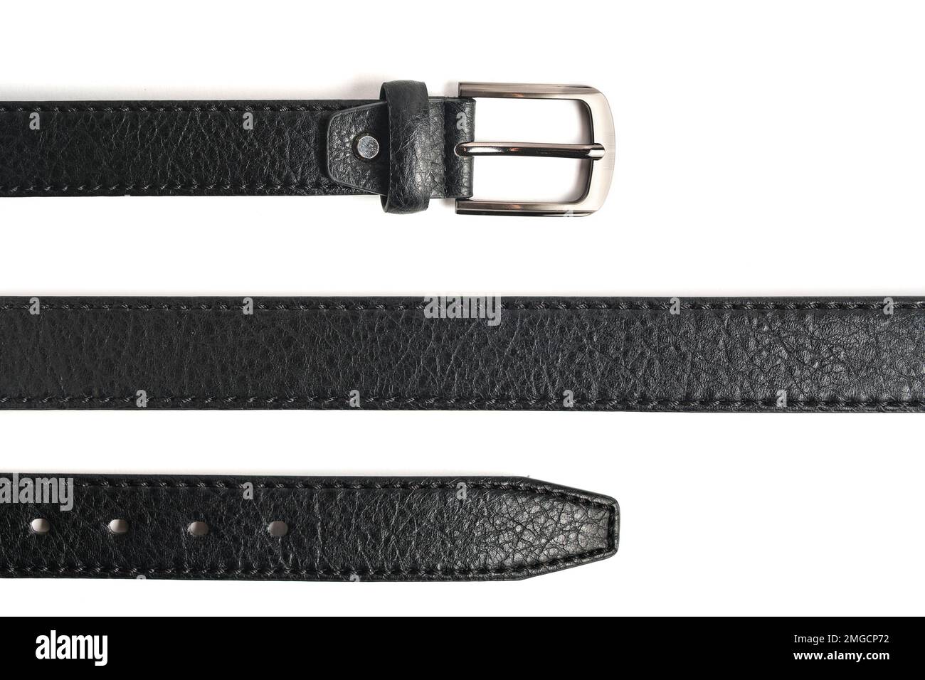 Parts black leather belt on white background, isolate Stock Photo
