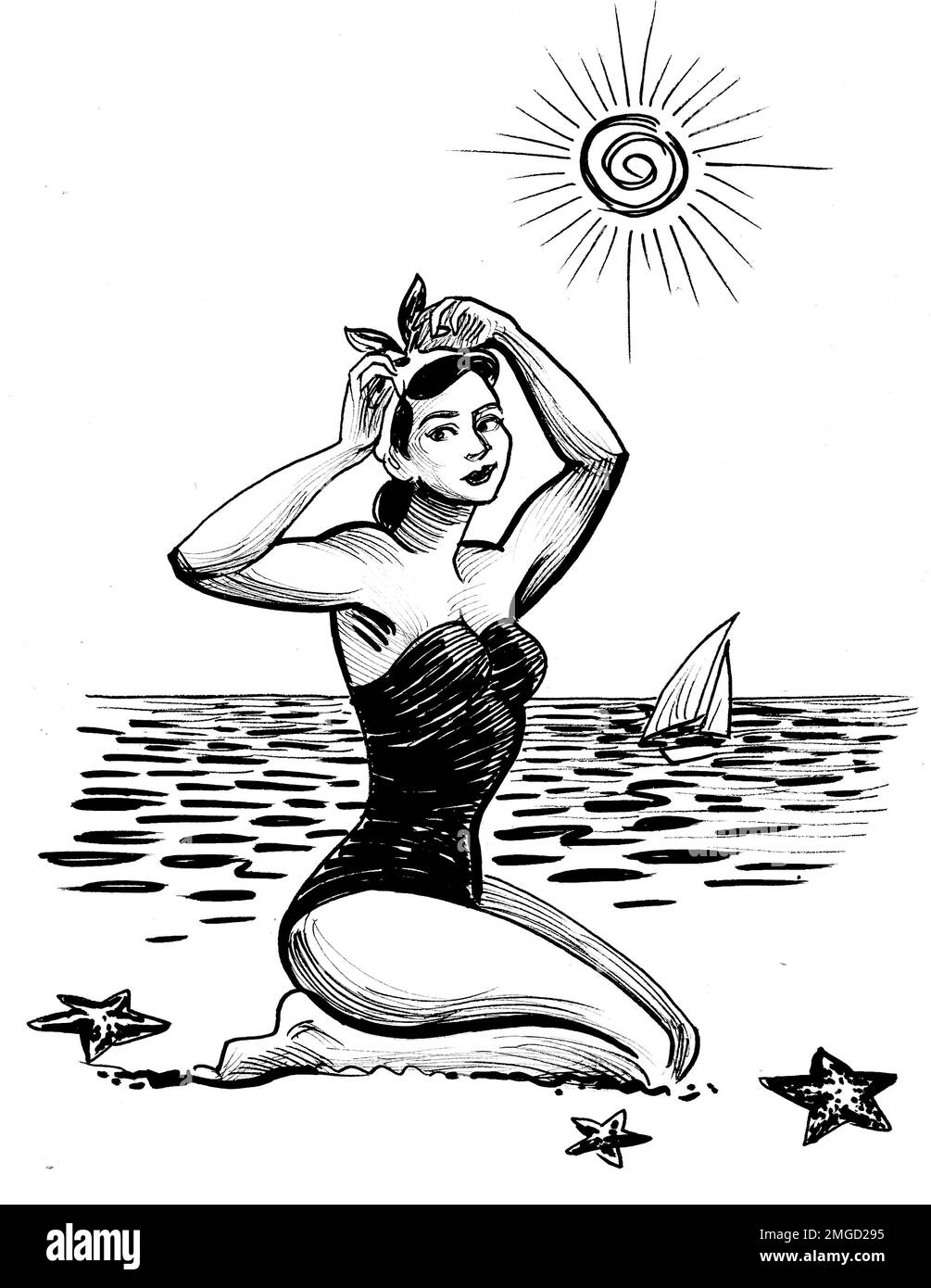 Pretty woman in swimming suit on a beach. Ink black and white drawing Stock Photo