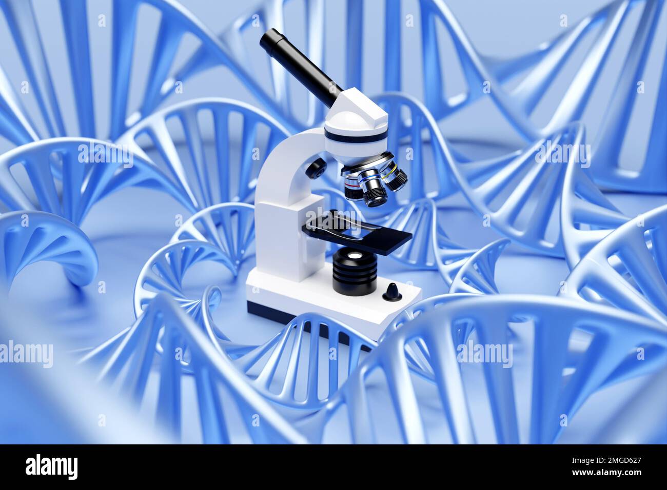 3d illustration realistic laboratory microscope with DNA molecules no ...