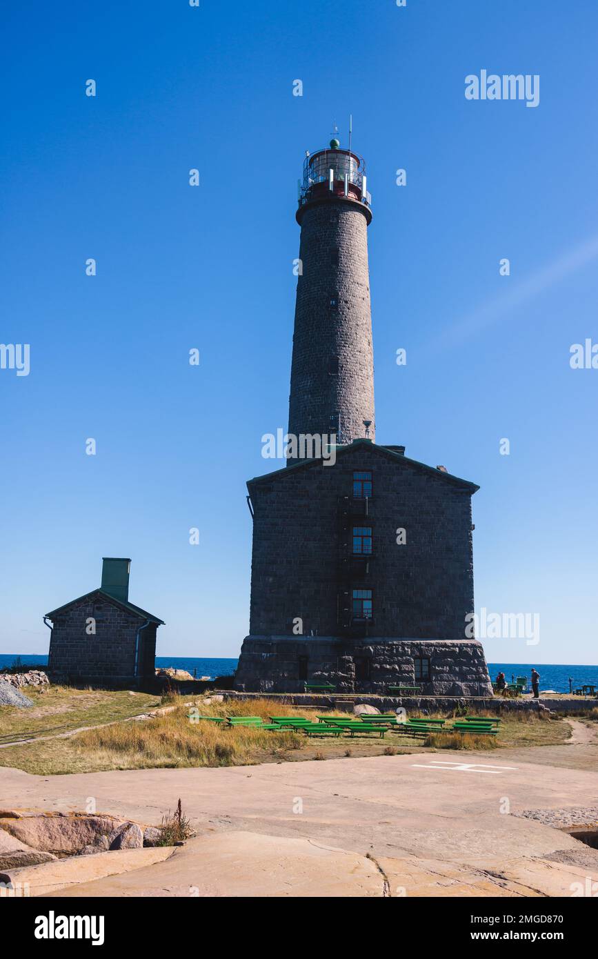 Bengtskär Lighthouse, view of Bengtskar island in Archipelago Sea, Finland, Kimitoön, Gulf of Finland in a summer sunny day Stock Photo