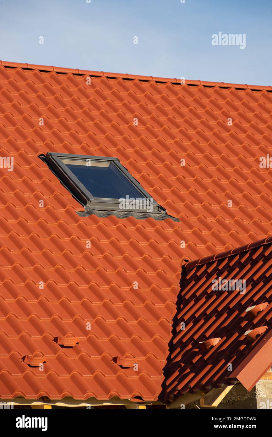 New roofing construction with attic skylights, rain gutter system, roof