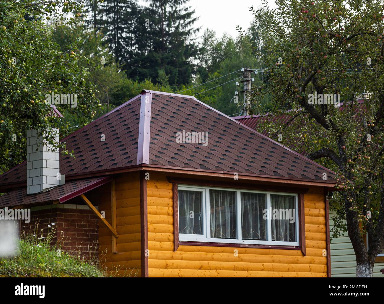 New roofing construction with attic skylights, rain gutter system, roof