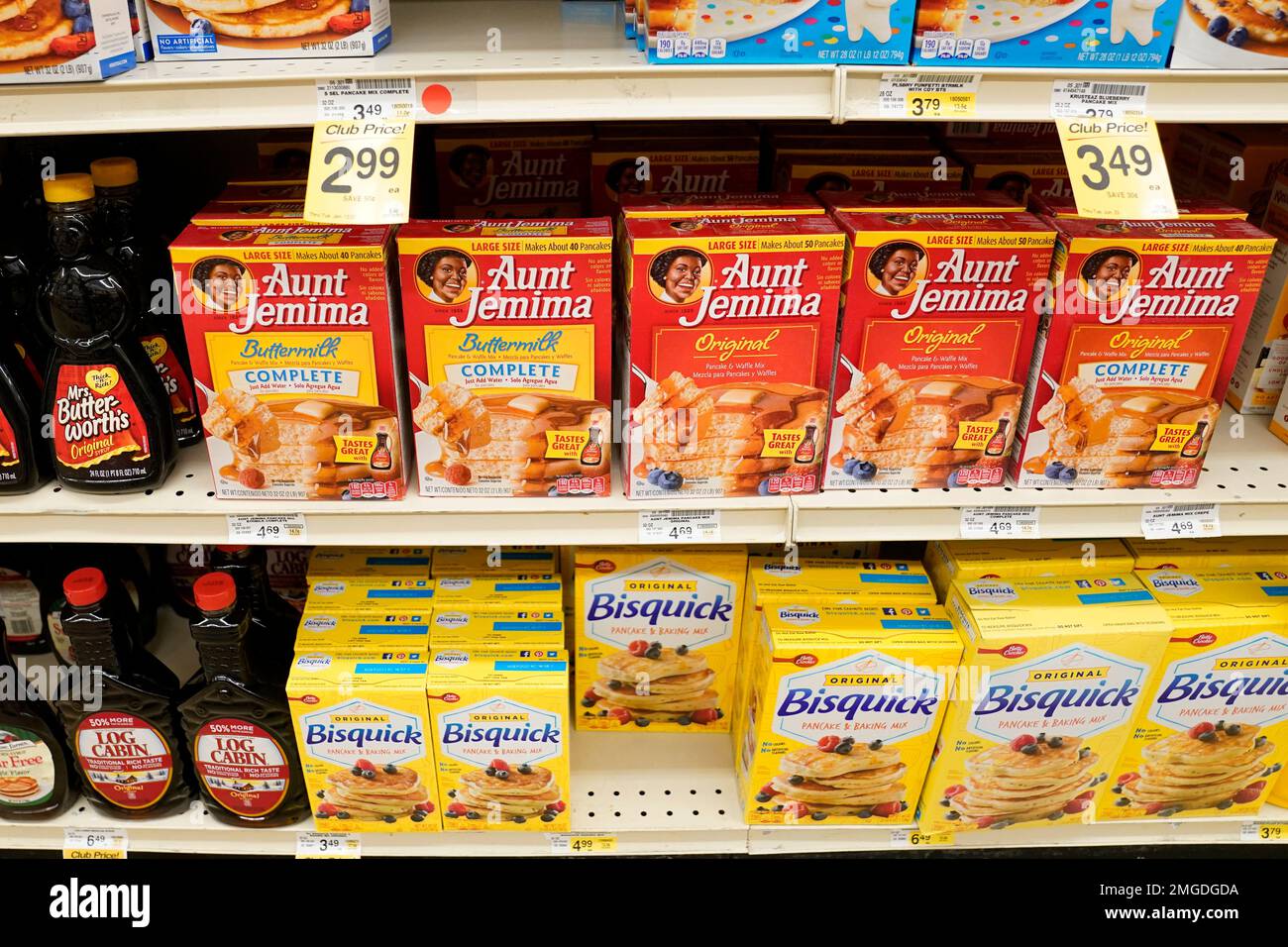 Boxes of Aunt Jemima pancake batter are displayed on a grocery store