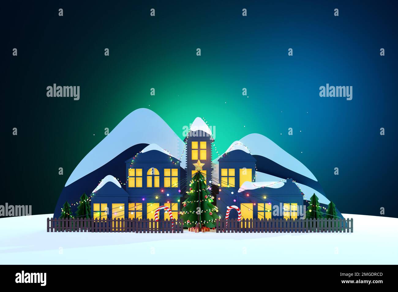 3D illustration Christmas illustration, card with night small village ...
