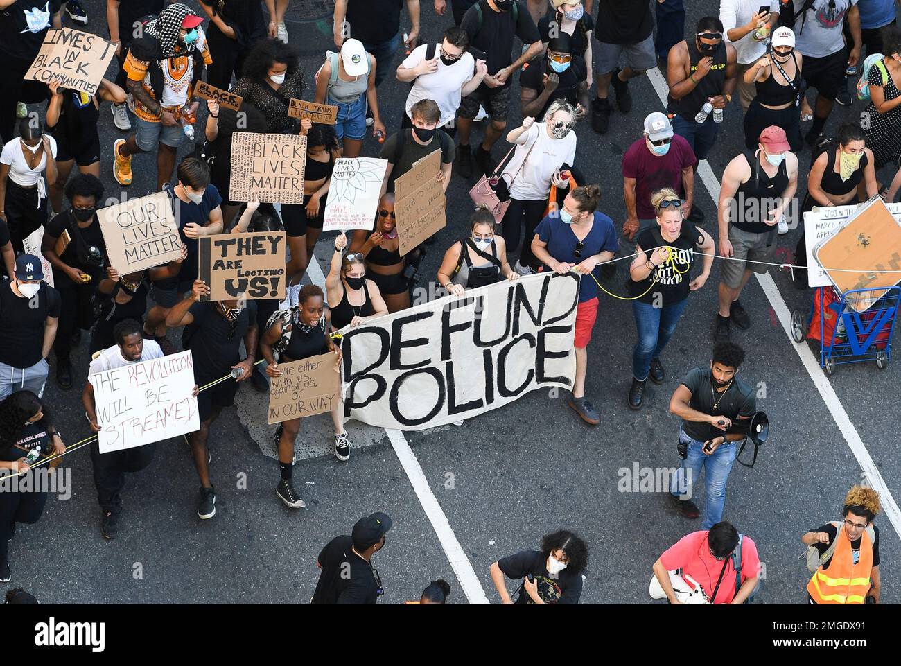 Overhead view of an anti-police brutality Black Lives Matter protest ...