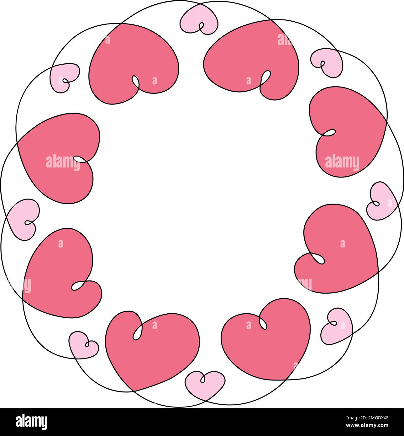 Abstract round frame made of hearts in one continuous line in trendy romantic hue. Happy Valentines day Design. Isolate. Good for poster, banner, greeting or invitations cards or label, price tag. EPS Stock Vector