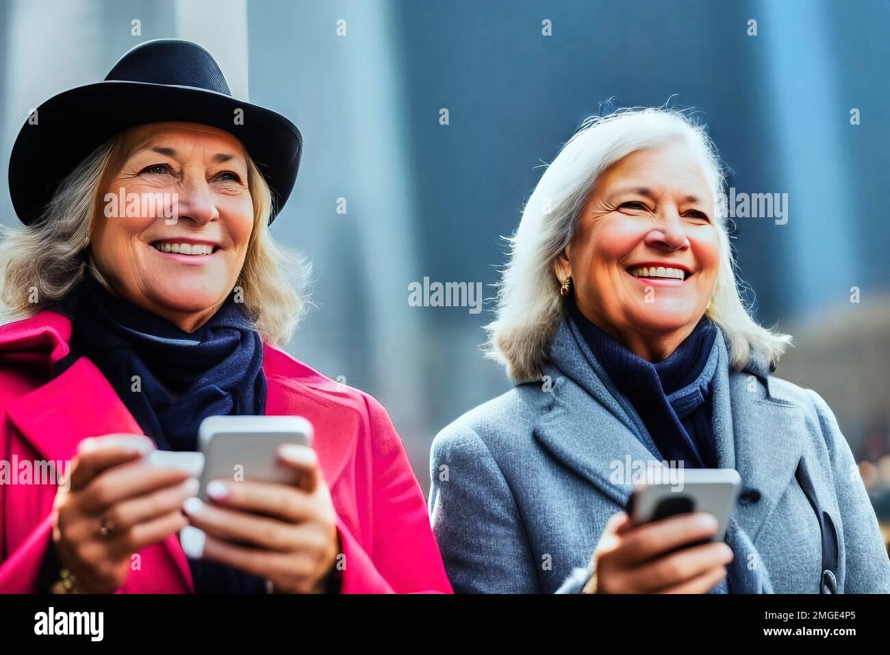 Elderly ladies dressed in elegant clothes smile at the camera with their mobile phones in their hands, fictional person, made with generative AI Stock Photo