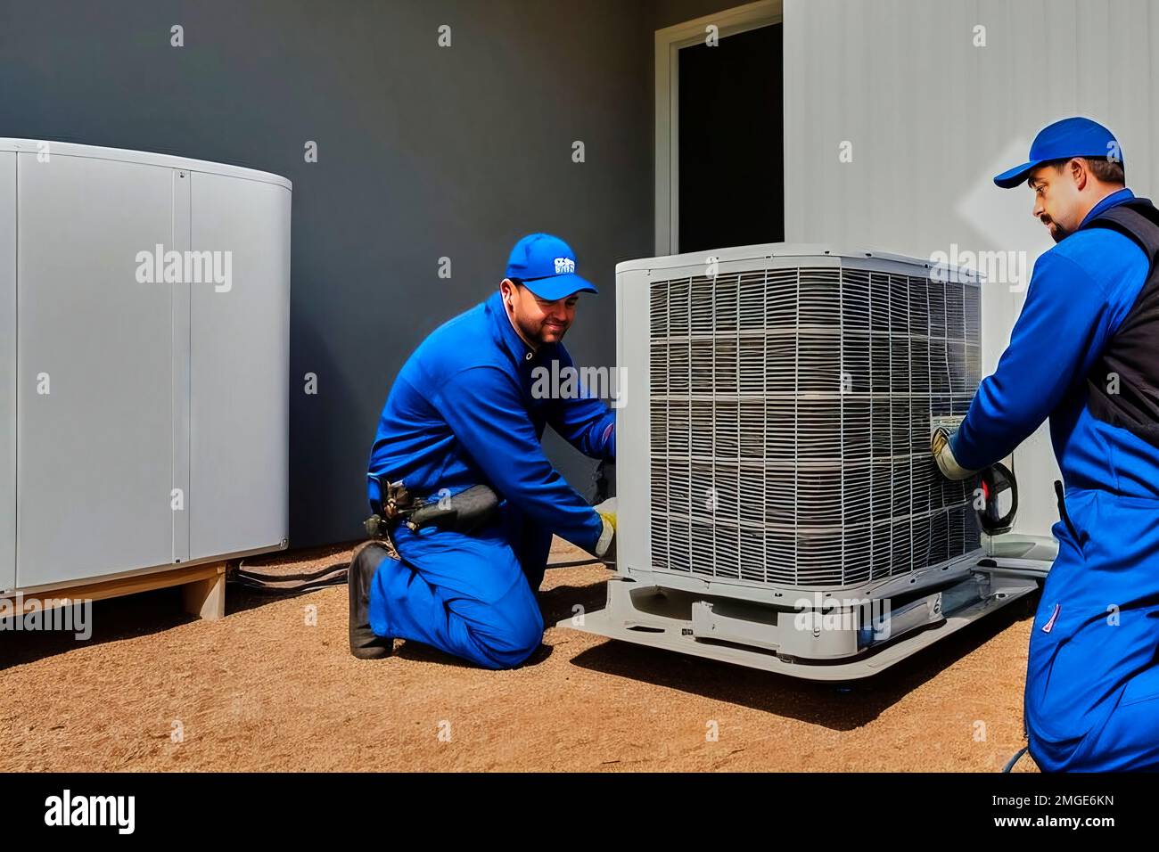 Technicians in blue boiler suits set up the outside part of a heat pump system for generating energy in the house, fictional person, made with generat Stock Photo
