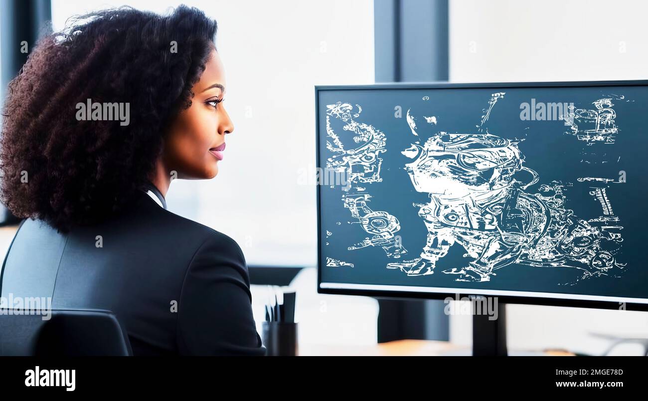 Black female designer smiles smugly at a monitor with a technical drawing of a mechanical dog, fictional person, made with generative AI Stock Photo
