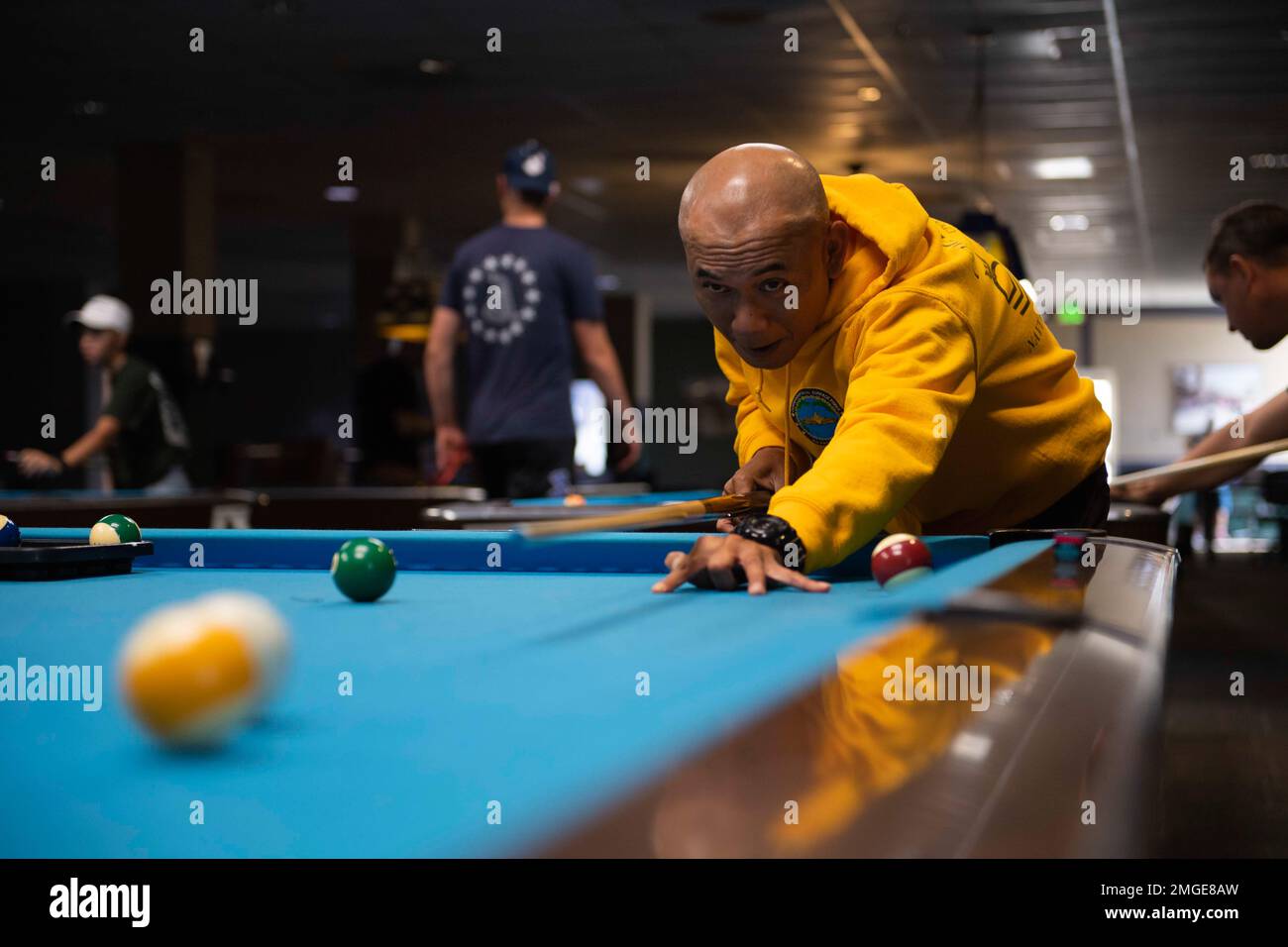 SAN DIEGO (Aug. 24, 2022) Sailors participate in a billiards tournament