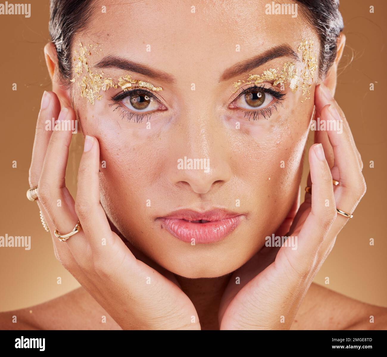 Makeup, glitter and face portrait of woman with luxury gold eyeshadow