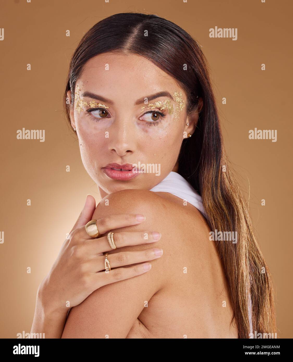 Portrait of beautiful woman with art glitter makeup on her face. Glitter  Face Stock Photo - Alamy