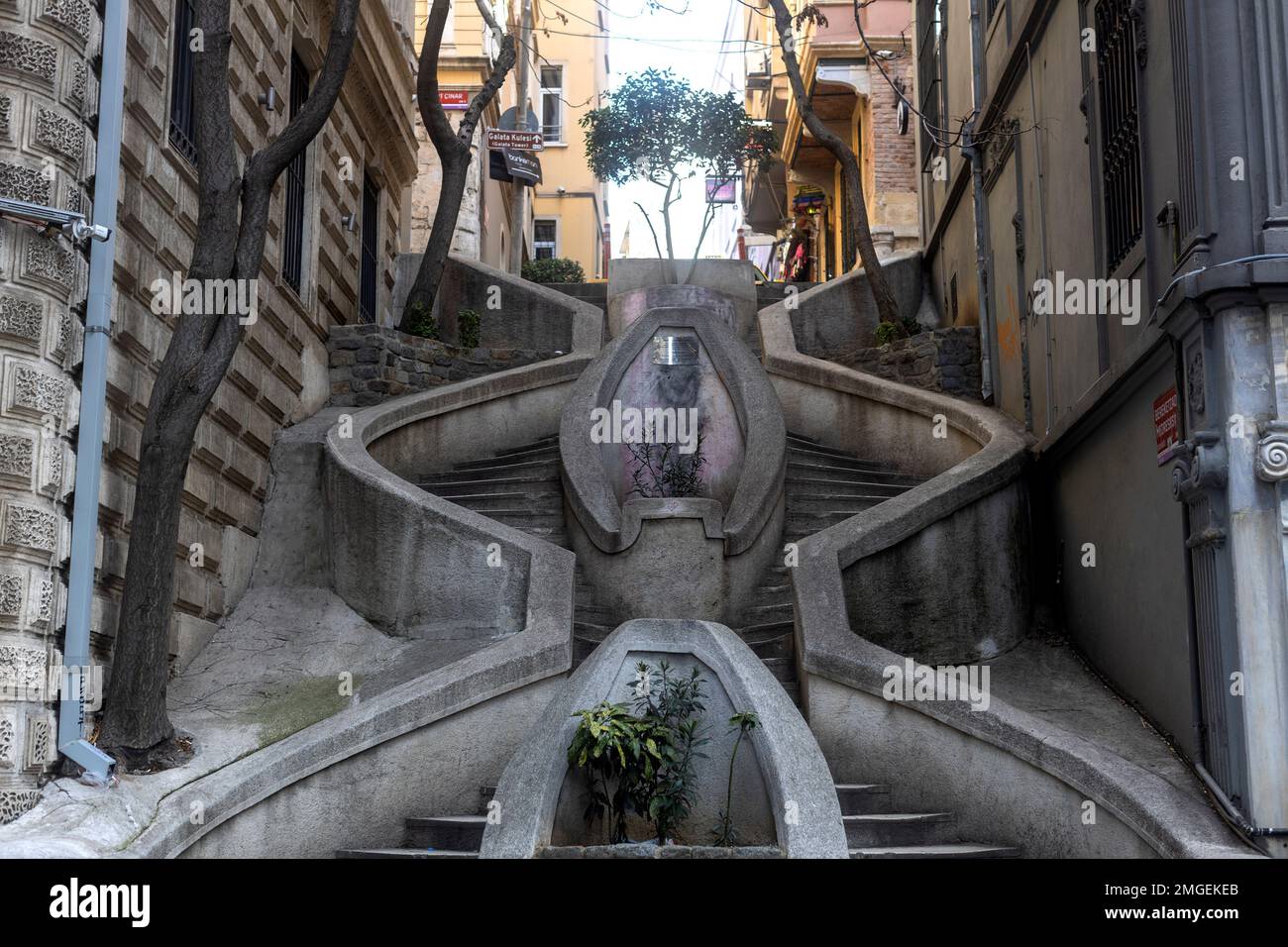 Istanbul, Turkey January 22, 2023. View of the Camondo Stairs in the Galata district. The staircase climbs up the hill from Galata Docks and Bank Aven Stock Photo
