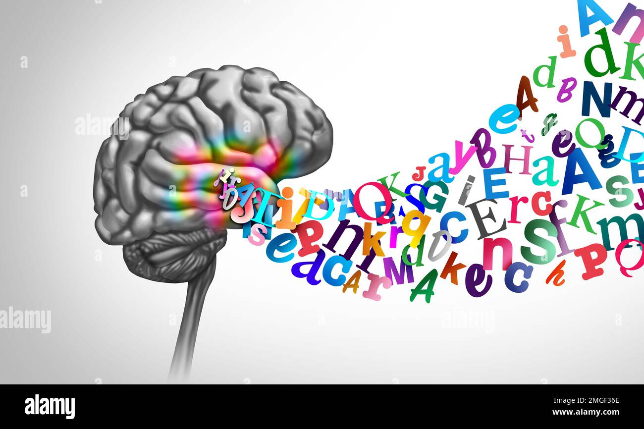 Reading and literacy and education or mental health as a brain with alphabet letters representing learning to read and comprehension as well. Stock Photo
