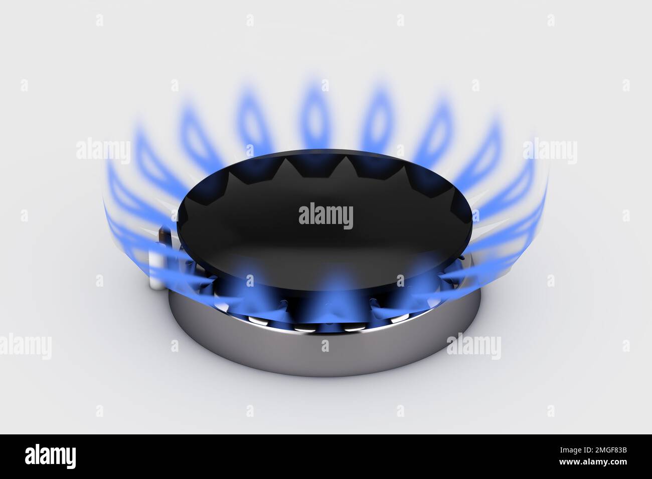 Modern Gas Burner with Blue Flame in Gas Burner Ring of Kitchen Stove