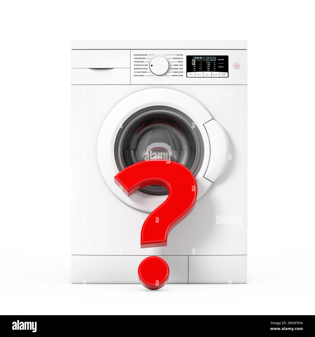 White Modern Washing Machine with Question Mark on a white background