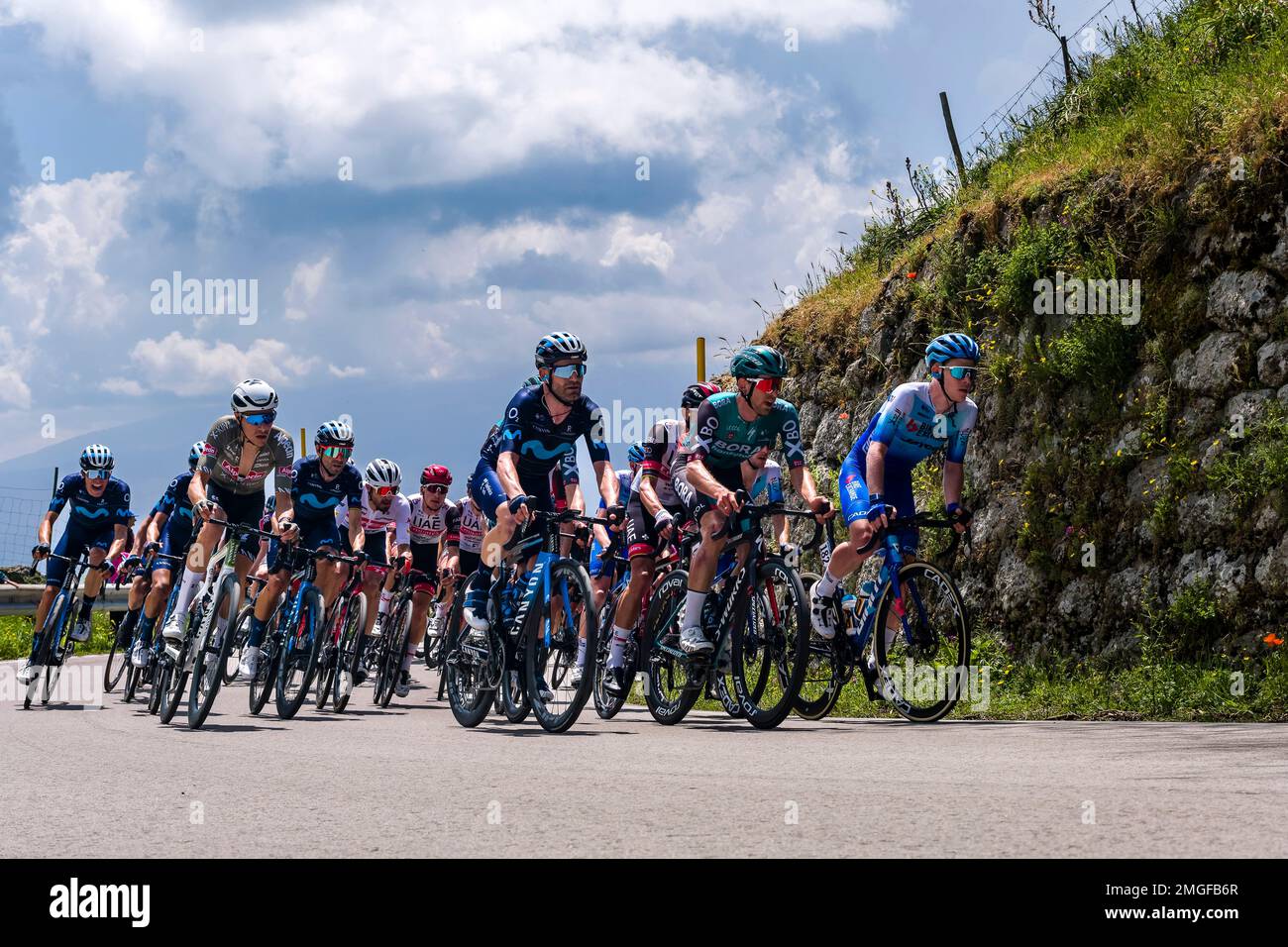 Riders of the Giro d'Italia cycling race cross the Portella Mandrazi pass during the Catania-Messina stage on May 11, 2022. Stock Photo