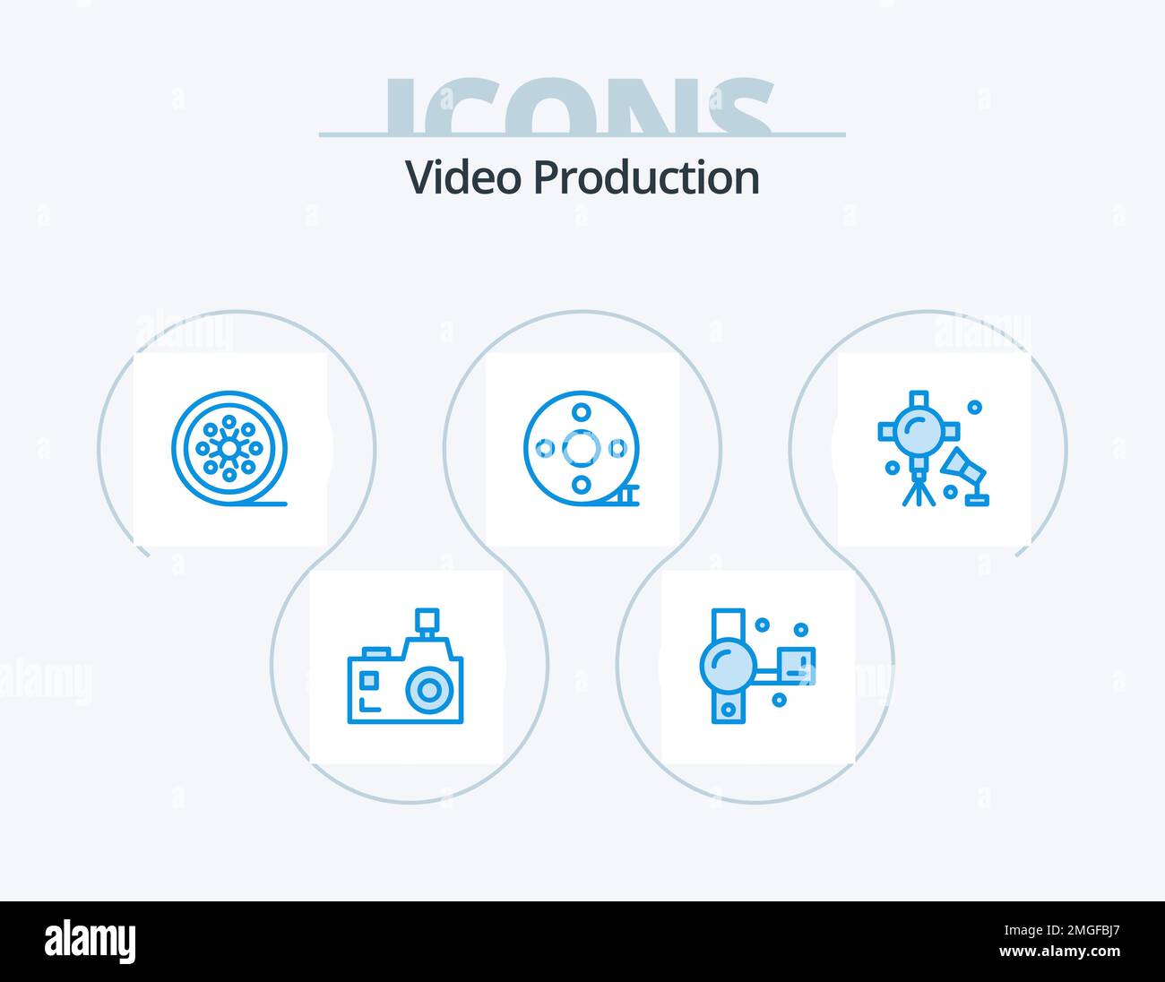Video Production Blue Icon Pack 5 Icon Design. clapper. action clapper. recording. vintage reel. movie reel Stock Vector