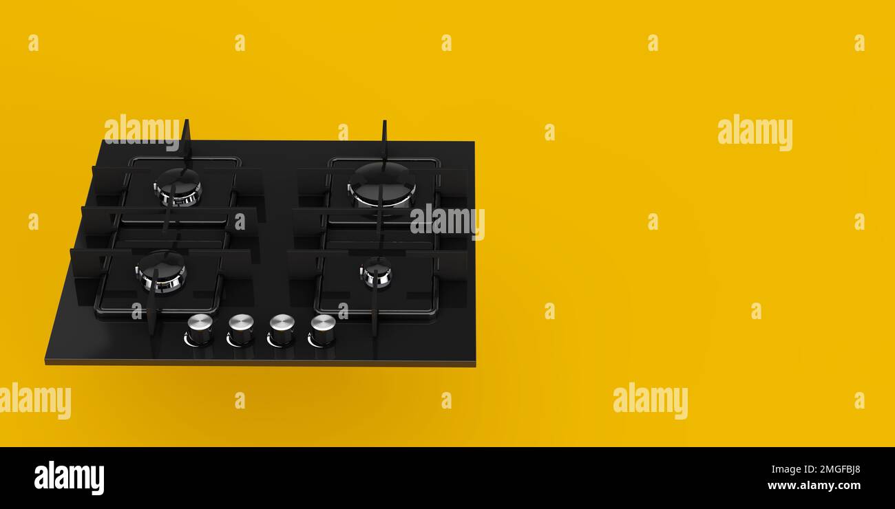 Black Modern Kitchen Gas Stove on a yellow background. 3d Rendering Stock Photo
