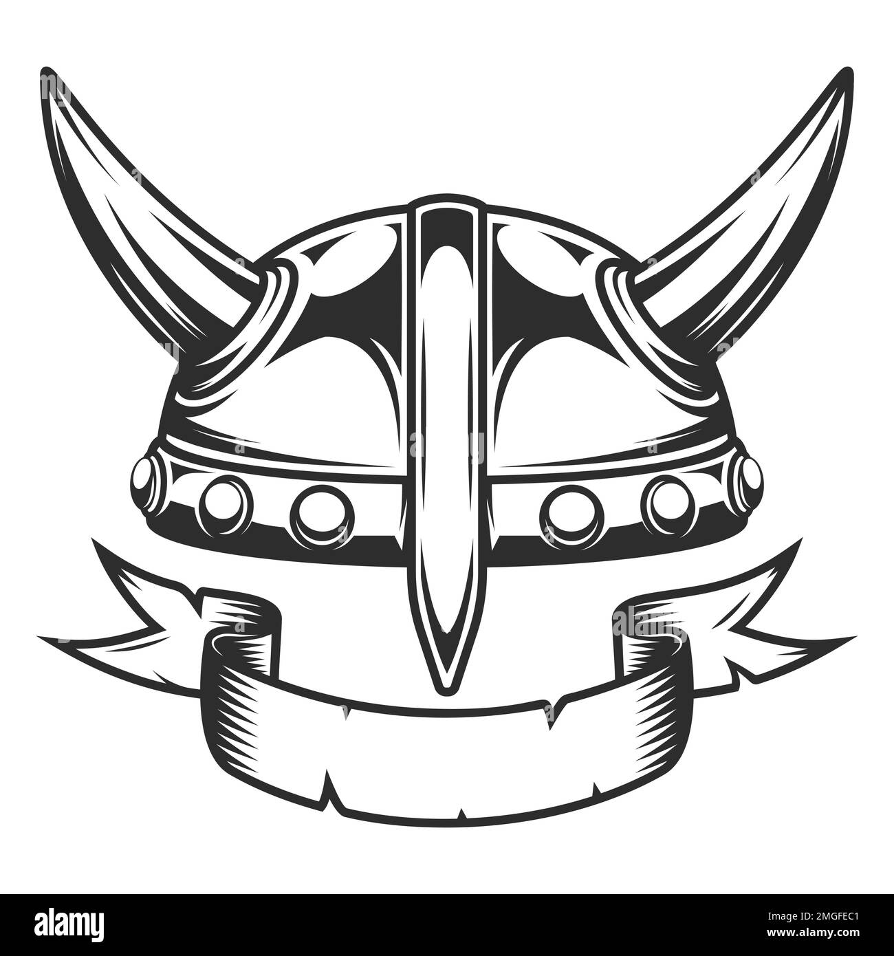 Viking vintage emblem with serious medieval nordic warrior horned helmet and ribbon isolated illustration Stock Photo