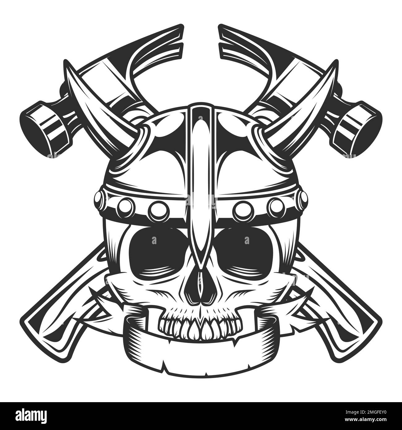 Half skull in viking helmet with ribbon and business builder crossed ...