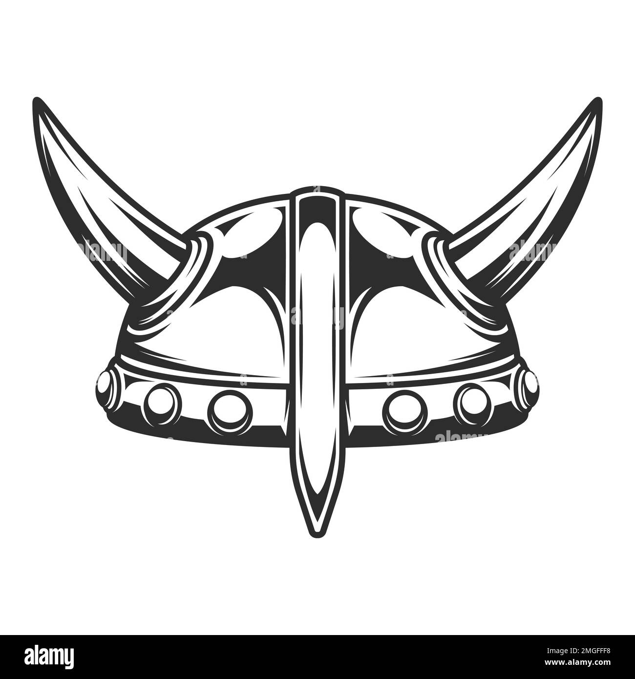 Viking vintage emblem with serious medieval nordic warrior horned helmet isolated illustration Stock Photo