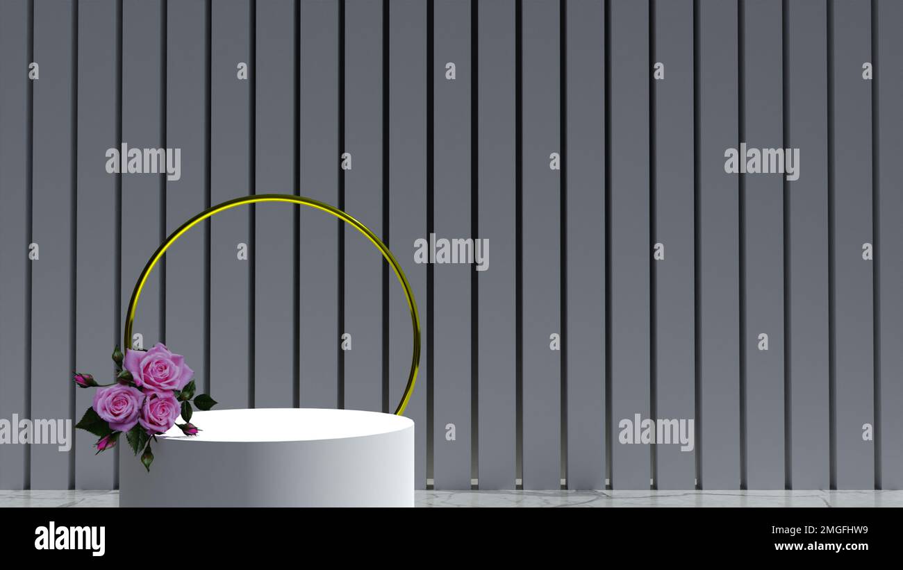 blank white podium with rose flower in 3d render, product showcase