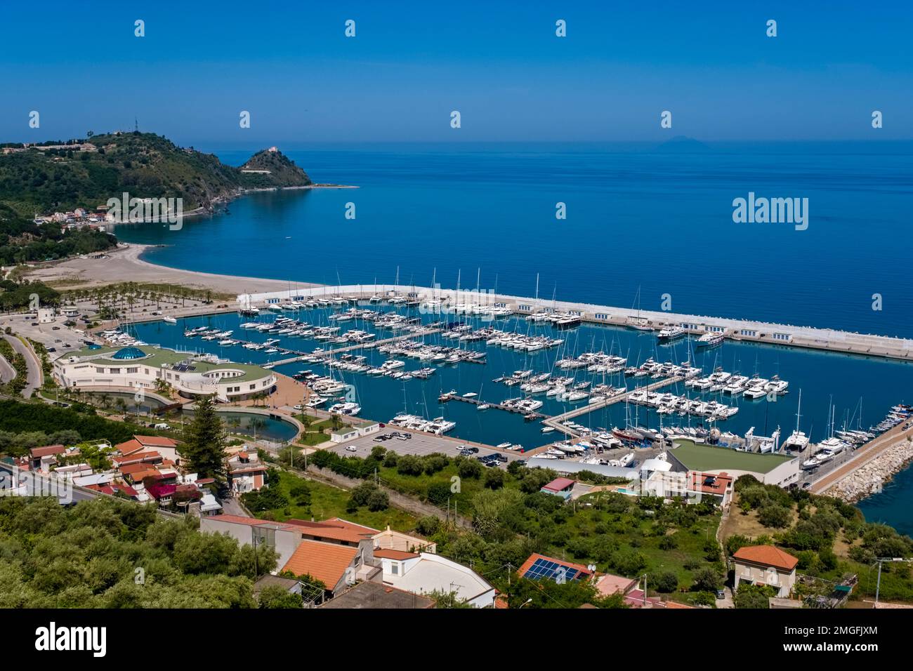 Aerial view of the marina of the small town Capo d'Orlando, where ...