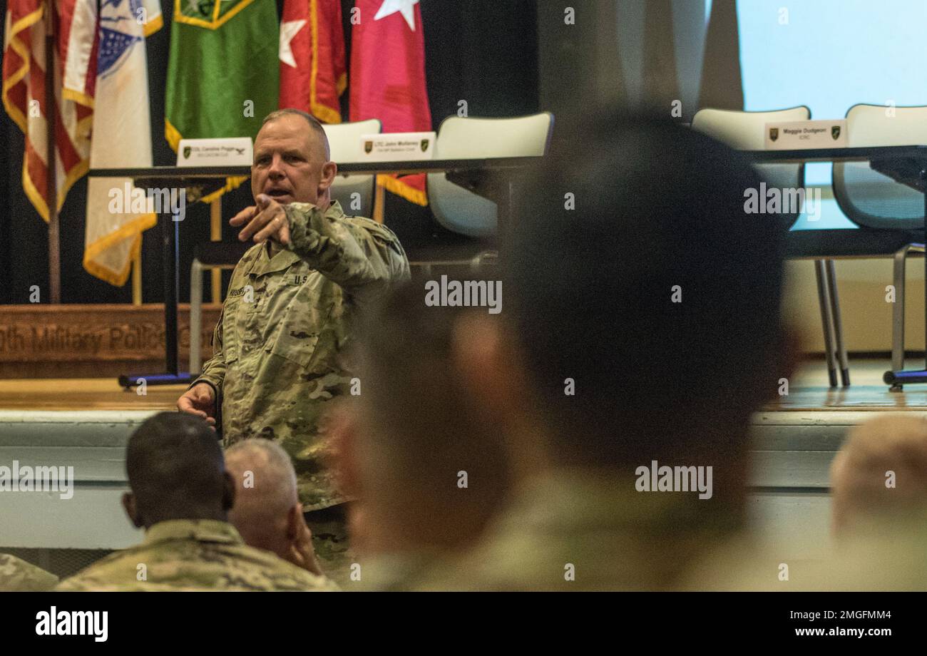 Maj. Gen. John Hussey, commanding general of the 200th Military Police Command, speaks to Soldiers during the Dislocated Civilian Operations Training Event here in Joint Base McGuire-Dix-Lakehurst, New Jersey.  Soldiers from the 200th Military Police Command and the 353rd Civil Affairs Command spent three days on the importance of planning in taking care of refugees. Stock Photo