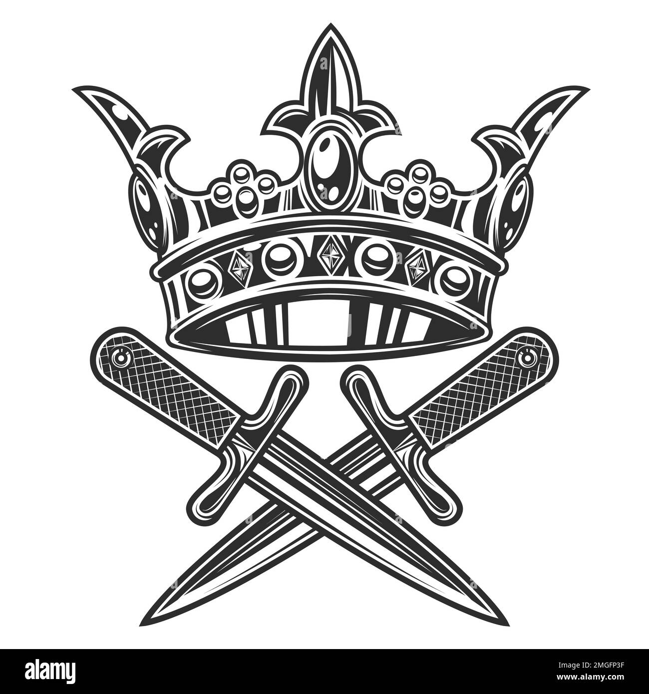 Gangster king crown with crossed knife in vintage monochrome style isolated illustration Stock Photo