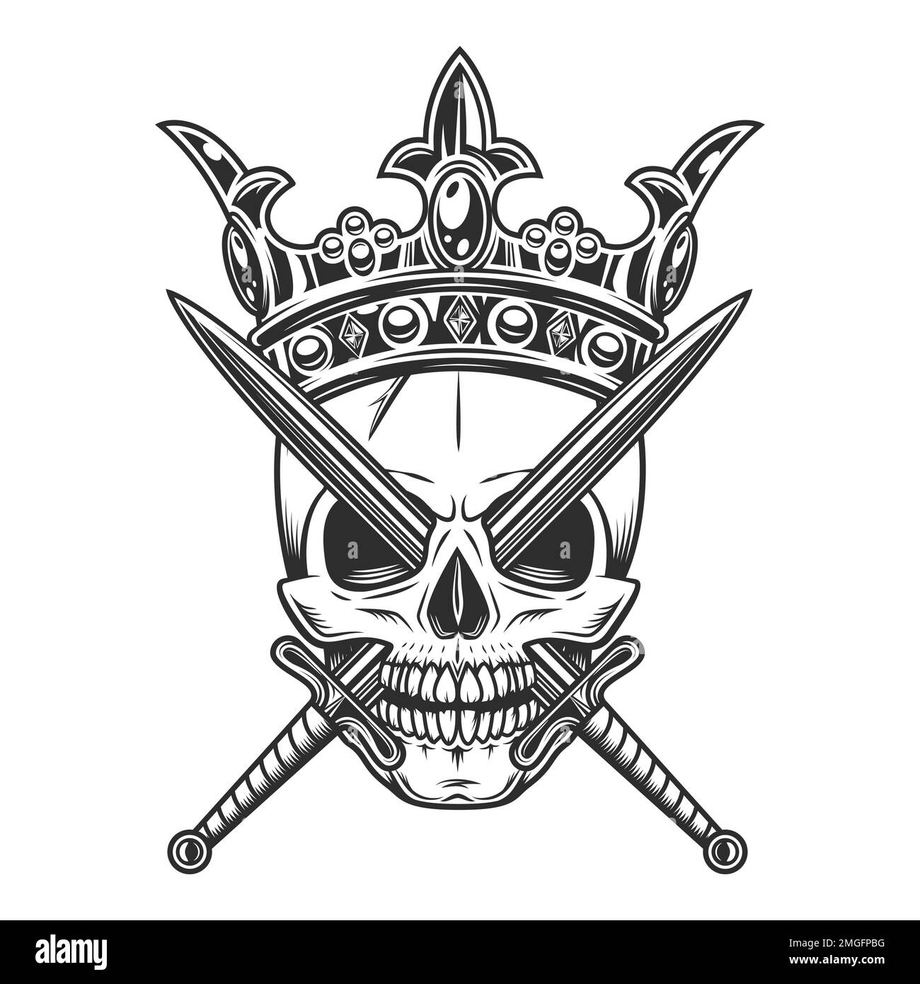 Skull in crown king with crossed swords isolated illustration on white background. Vintage crowning, elegant queen or king crowns, royal imperial Stock Photo