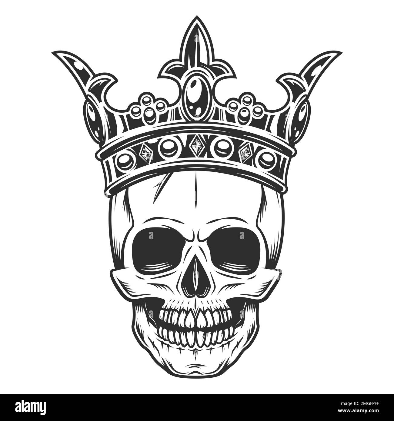 Skull in crown king monochrome illustration isolated on white background. Vintage crowning, elegant queen or king crowns, royal imperial coronation Stock Photo