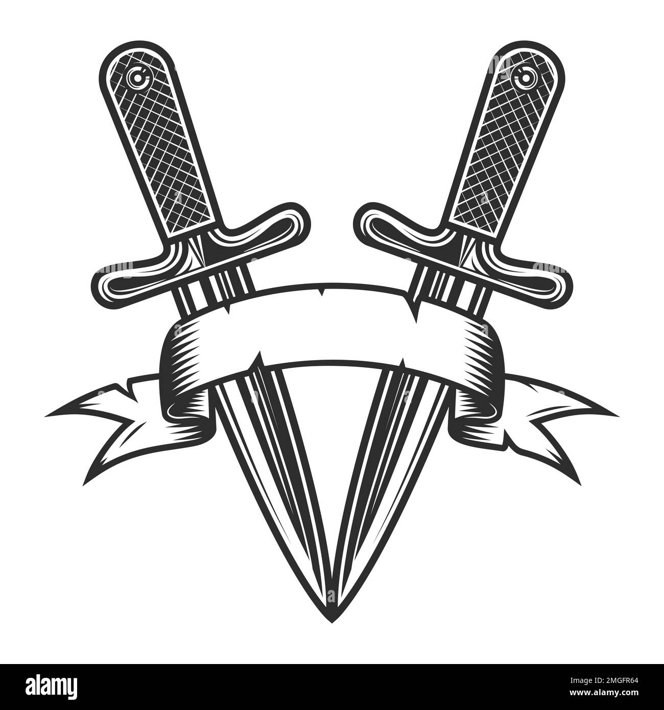 Vintage crossed knives with ribbon monochrome style isolated