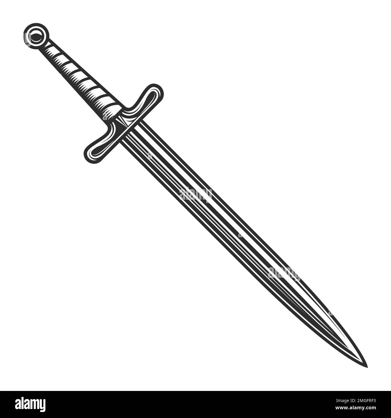 Warrior sword isolated on white in vintage monochrome retro style illustration Stock Photo