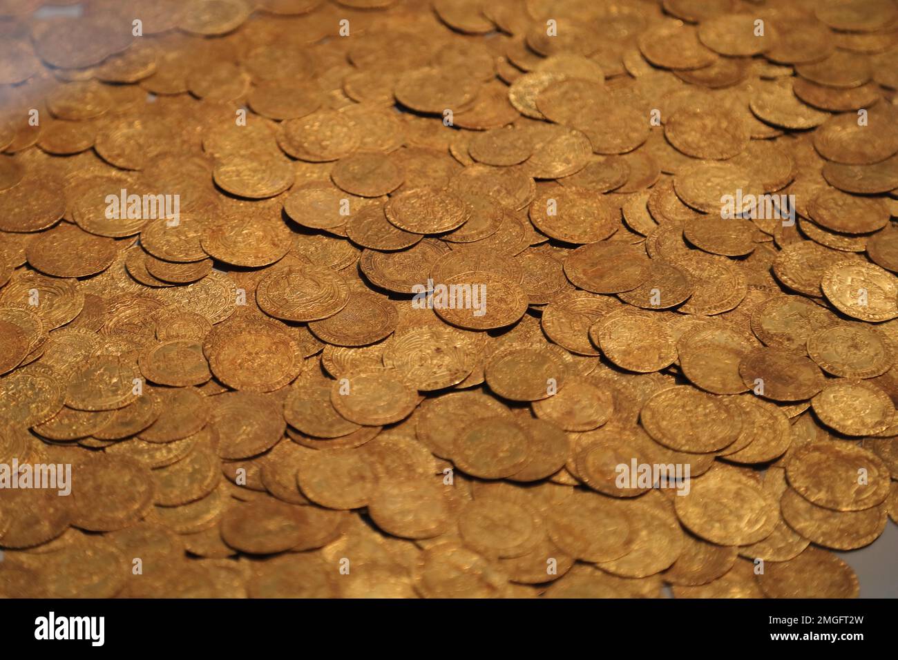 Medieval gold coins from the Fishpool hoard at the British museum ...