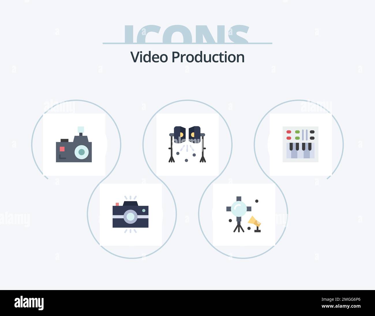 Video Production Flat Icon Pack 5 Icon Design. open volume. amplifier. photographer. studio lights. spotlight Stock Vector